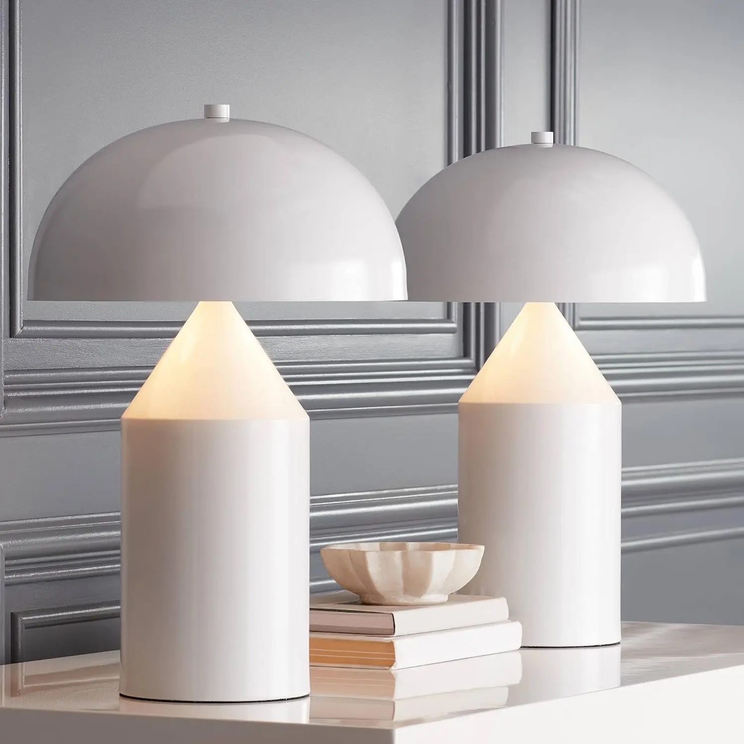 

Felix Modern Cottage Accent Table Lamps 19"" Tall Set Of 2 White Tapered Geometric Metal Mushroom Dome Shade For Bedroom Living