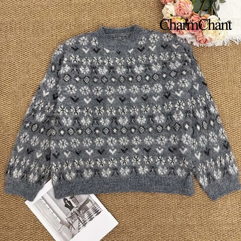 

Женский свитер с круглым вырезом с принтом CharmChant Grey Fair Isle, большой потертый трикотаж, джемпер, топ с длинными рукавами, пуловеры для женщин