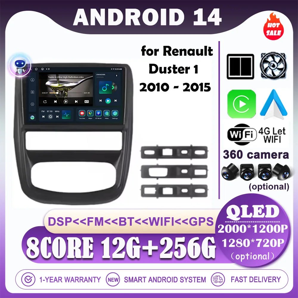 

9 ” For Renault Duster 1 2010 - 2015 Android 14 Car Multimedia Player WIFI Carplay QLED Screen Radio Stereo GPS Navigation DSP