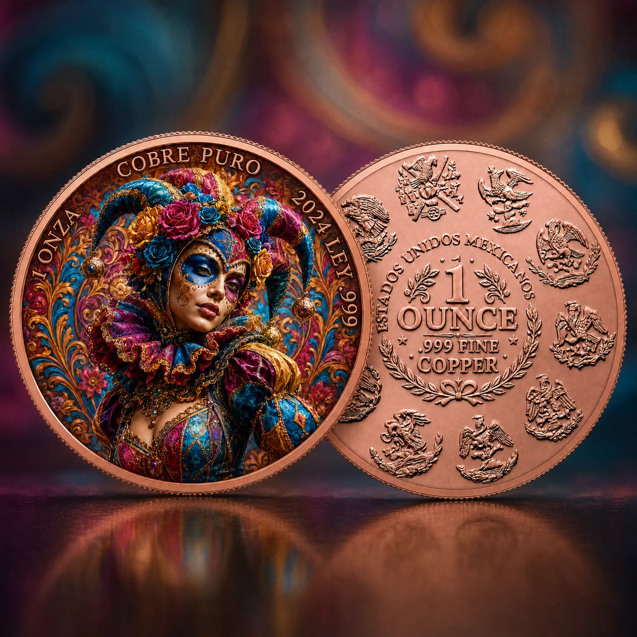 Image of 2024 Ley .999 Reines Kupfer Medaille 1 Unze Venezianische Harlekin Karnevalsmaske Dame Mexikanischer Tag der Toten 3D Abzeichen Guss