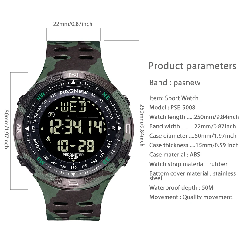 Reloj Digital militar resistente al agua con brújula para hombre, reloj de mano electrónico para buzo, reloj de pulsera deportivo multifunción grande para exteriores para hombre