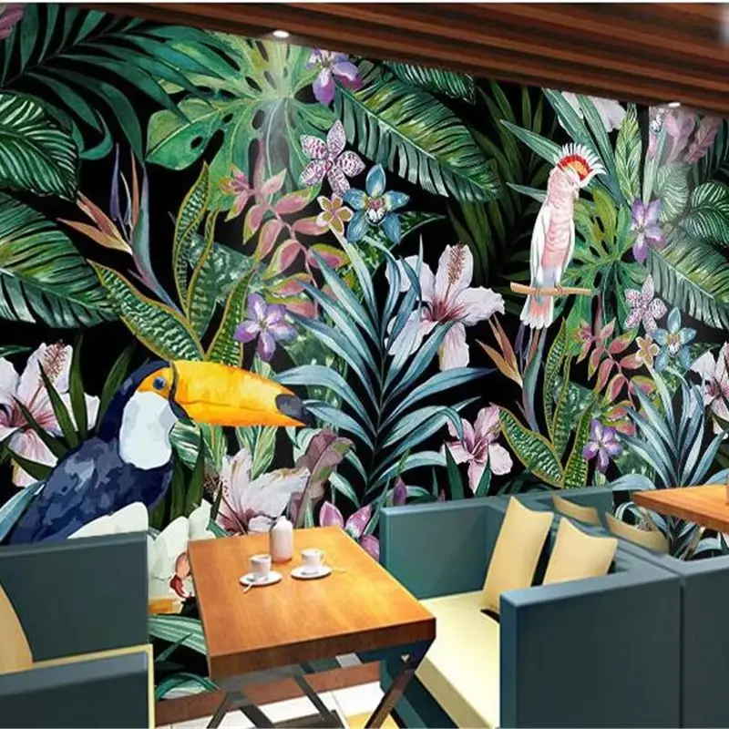 Custom mural watercolor flowers and birds wallpaper 3d tropical rain forest oil painting restaurant sofa background  home decor