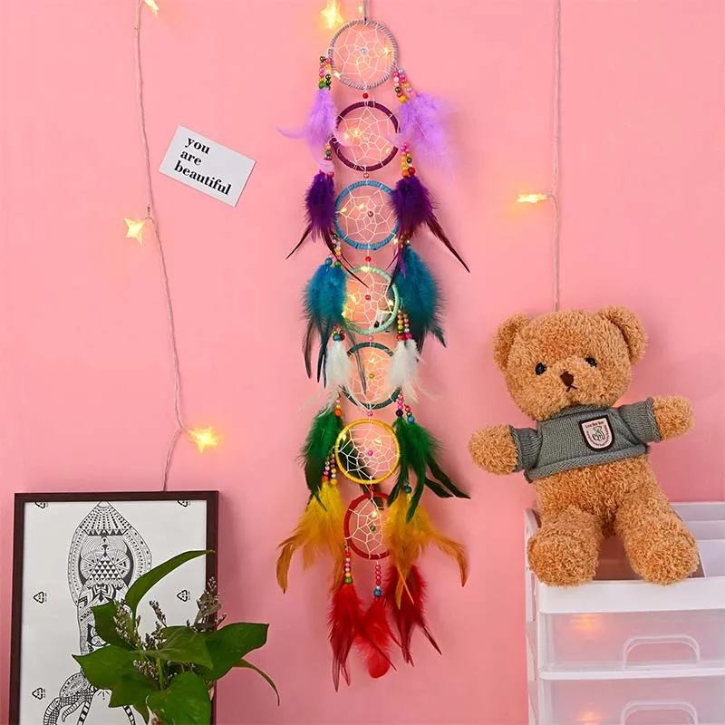 Dream Catcher with lights kawaii feather rainbow room decor for girl kids aesthetic Ornaments wall Handmade Home Decoration