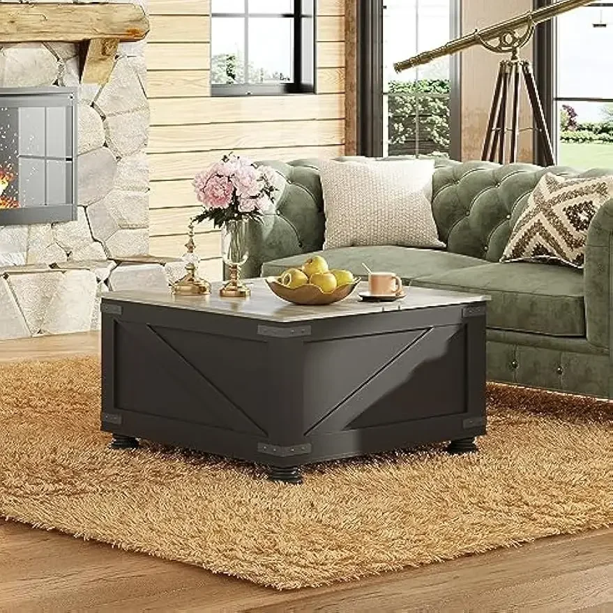 Farmhouse Lift Top Coffee Table, 31.5" Square Center Table with Hidden Storage Compartment for Living, Bedroom, Black