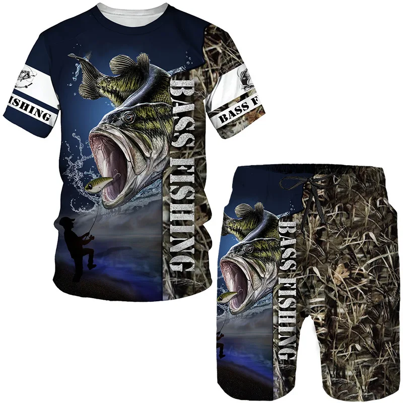 Camouflage 3D Crap Fishing Print Summer Men\'s Beach Shorts Set Short Sleeve T-shirts+Shorts 2 Pcs Set Oversized Tracksuit Suits