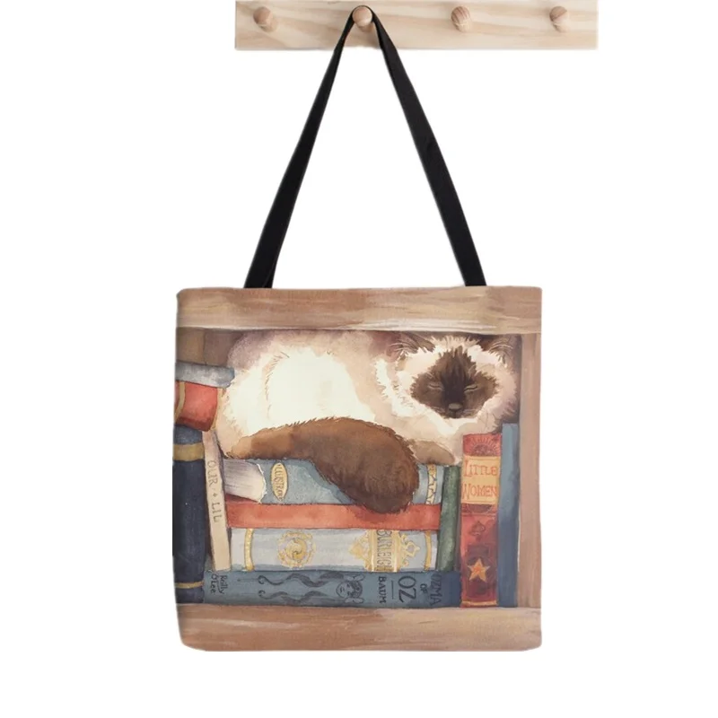 Sac de Shopping en toile pour femmes, bibliothèque de livres de chats, Kawaii, Harajuku, fourre-tout à bandoulière pour dames