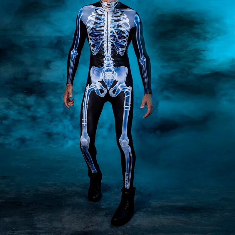 Fato de esqueleto humano raio X para homens, festa de Halloween, bodysuit engraçado, manga comprida, zíper traseiro, roupas justas, roupas, macacões