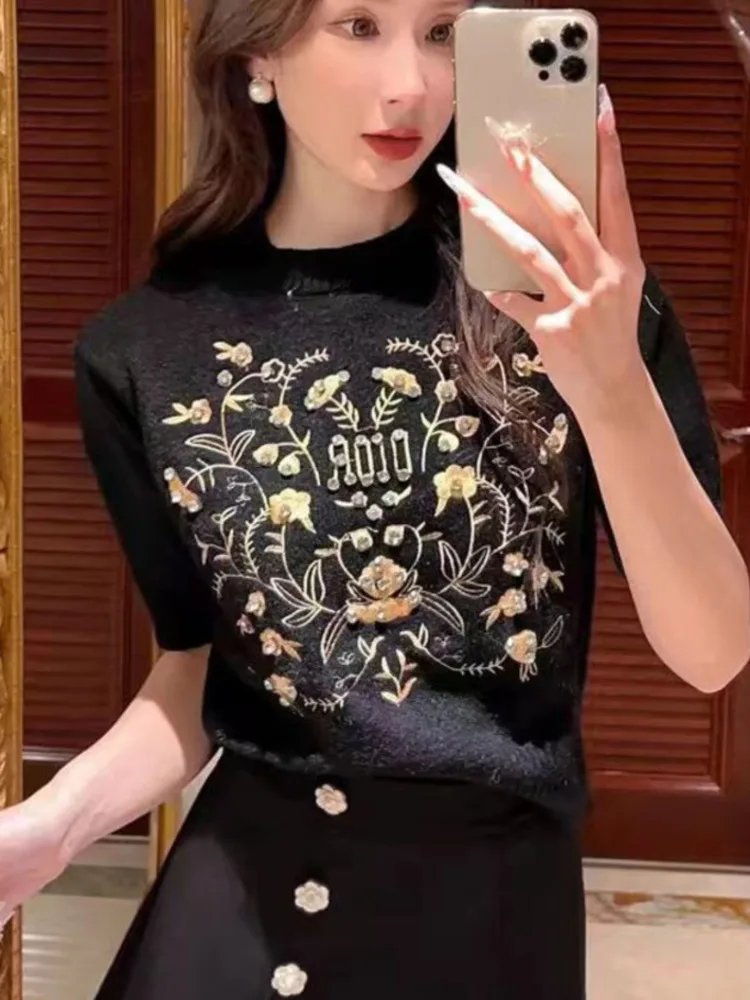 Embroidered Short sleeved Knitted Shirt for Women Spring autumn 2024 New Round Neck Half sleeved Sweater Jumpers Knitwear