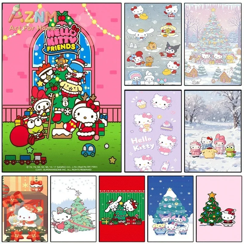 Hello Kitty And Friends Christmas Window Cute Cartoon Canvas Wall Art Unframed Canvas Poster Print for Kids Bedroom Nursery Home