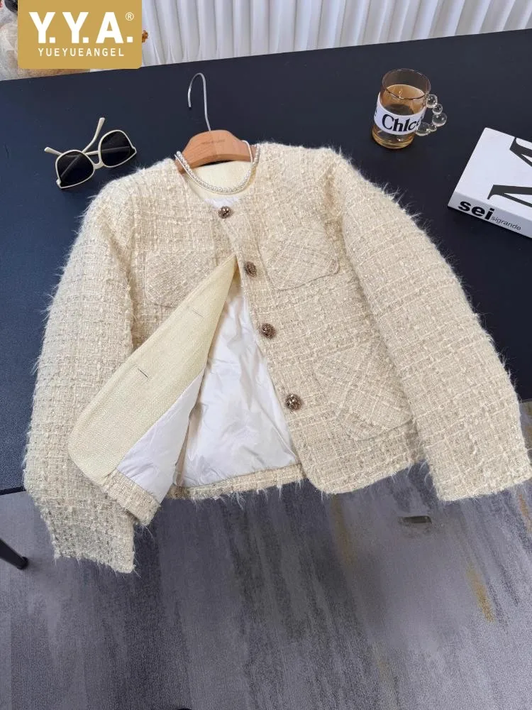 Winter Women Warm White Duck Down Tweed Jacket Office Ladies Work Diamonds Single Breasted Coat Thick O Neck Party Twill Jacket