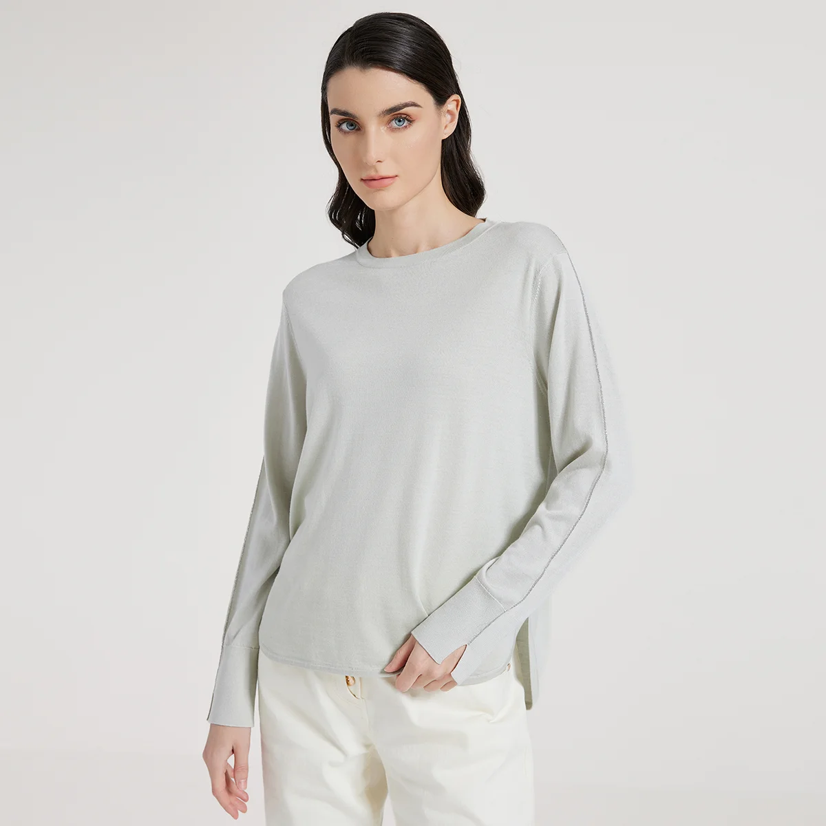 BC1025 In Stock High Quality Luxury Women's Round Neck Long Sleeve Knitted Sweater Spring 30% Silk 70% Wool Sweater