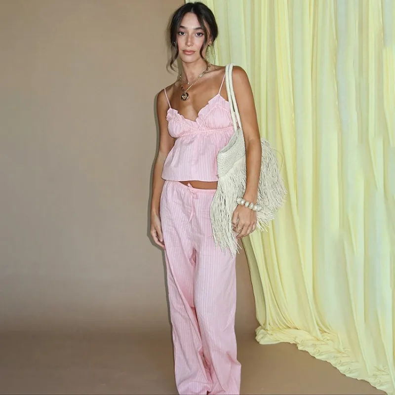 

2026 Spring Summer Women's Loungewear Set Loose Comfortable Pure Cotton Jacquard Pajamas Suspenders Trousers Two Pieces L Size