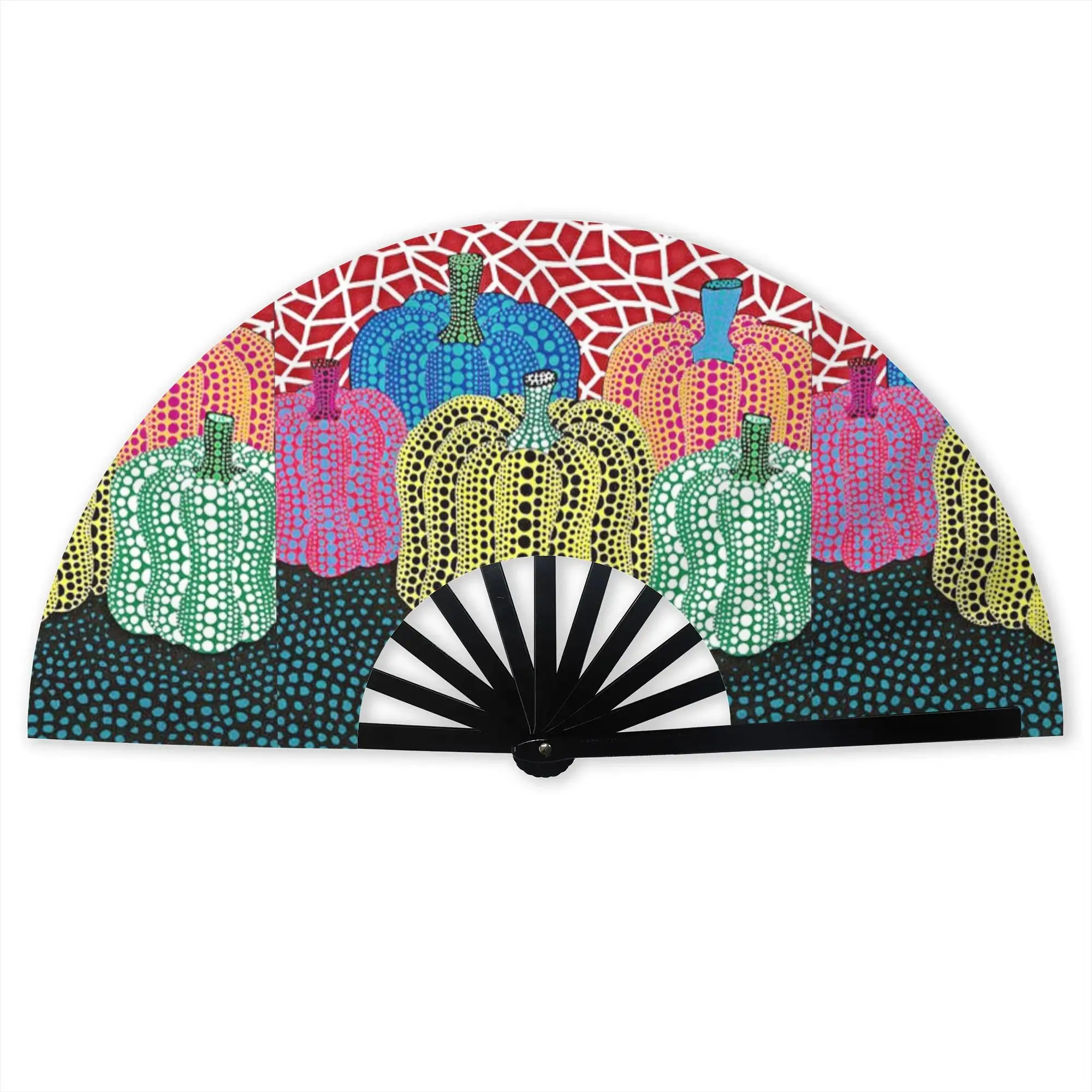 Abanico de mano plegable de poliéster con diseño de calabaza de tres puntos de polka, estilo Yayoi Kusama, para exteriores, para danza china, portátil y refrescante