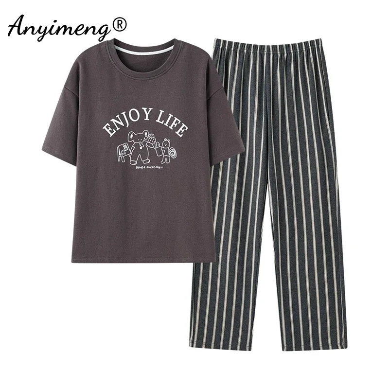 New Summer Cotton Pajamas for Women Short Sleeved Long Pants Pijamas Korean Soft Pijamas Letter Print Woman Sleepwear