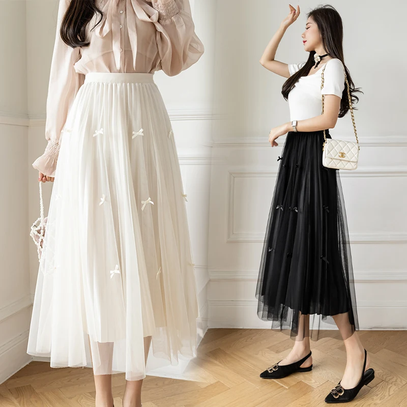 

New Korean Fashion Woman Black Skirts Womens Casual Sexy OL Ladies Female Girls Kawaii Bow Long White Puffy Skirt Dropshipping