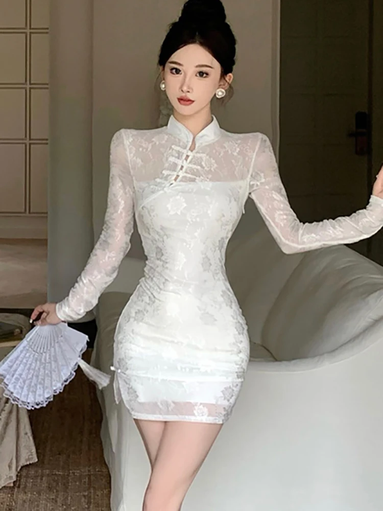 White Jacquard Floral Patchwork Sheer Sexy Mini Dress Women Autumn Winter Elegant Casual Dress 2024 Korean Luxury Evening Dress