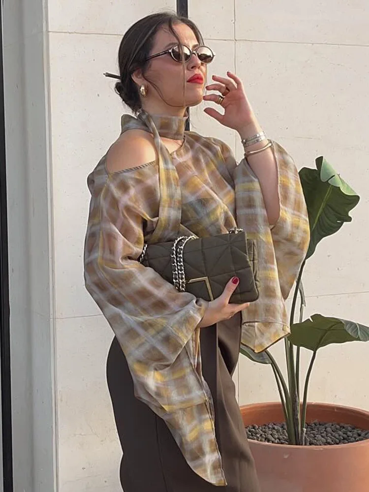 

HH Women Plaid Skirt Set Scarf Cloak Decoration Vintage Top+Summer High Waist Casual Pleated Side Zipper A-Line Midi Skirt