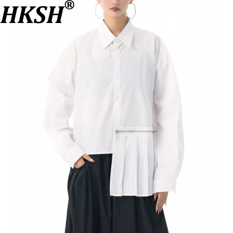 

HKSH Spring Autumn New Women Shirt Asymmetric Patchwork Pleated Zipper Turn-Down Collar Single Breasted Blouse Chic Tops HK17328