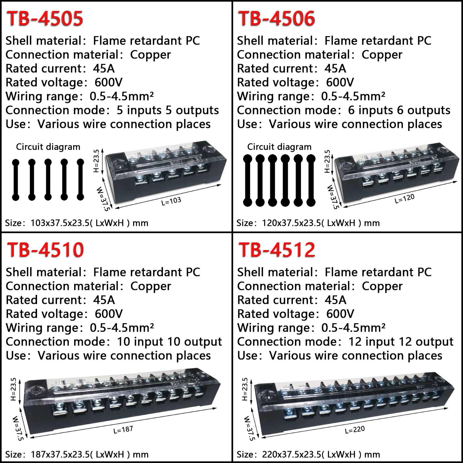 15a/25a/45a 600v fileira dupla barreira parafuso bloco terminal fio conector tb série 3/4/5/6/8/10/12 pinos opcional tb-1503 tb-2503