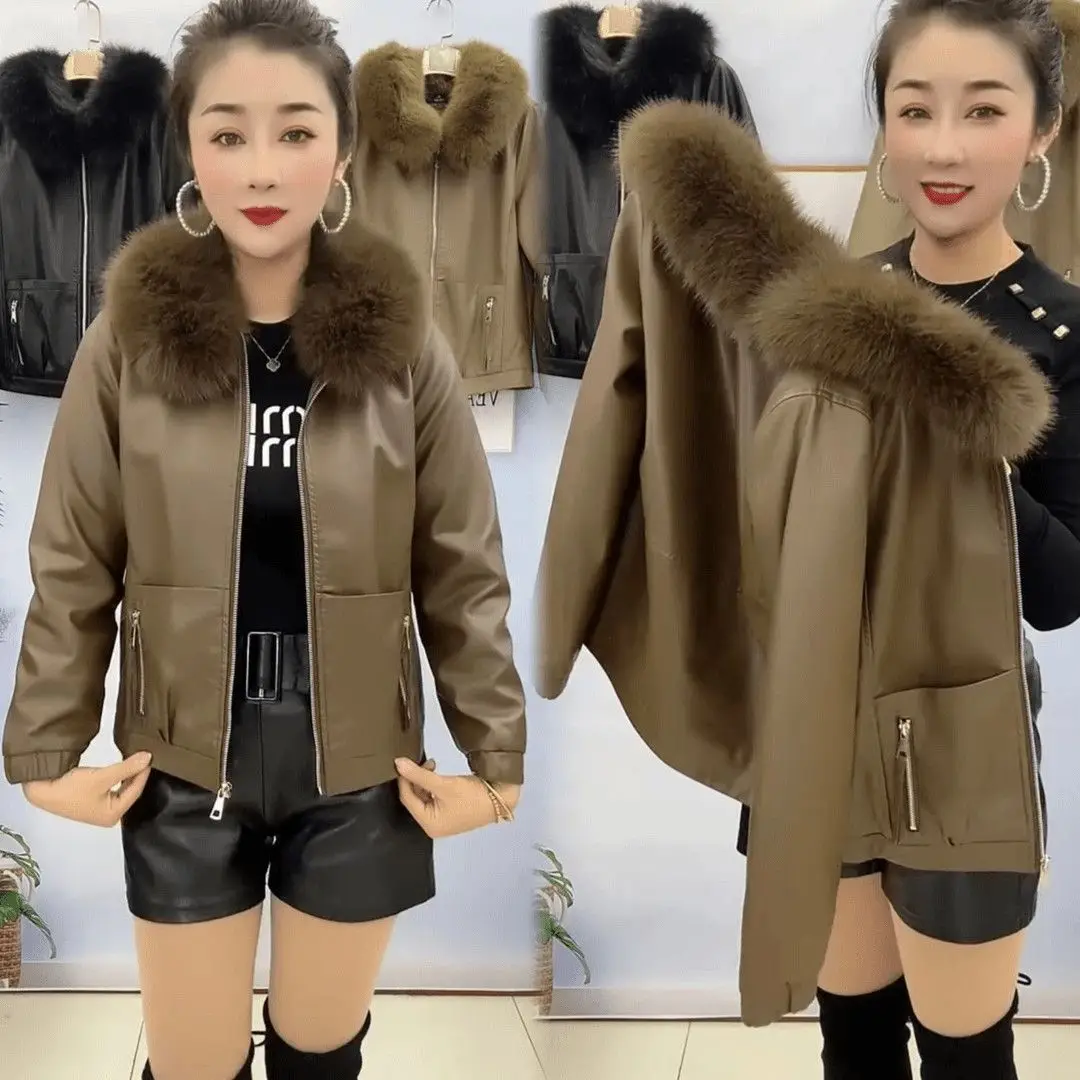Winter Women Fleece-Lined Thick Leather Jacket Women Winter Zipper Loose Faux Fur Collar High-End PU Leather Coats Black Jacket