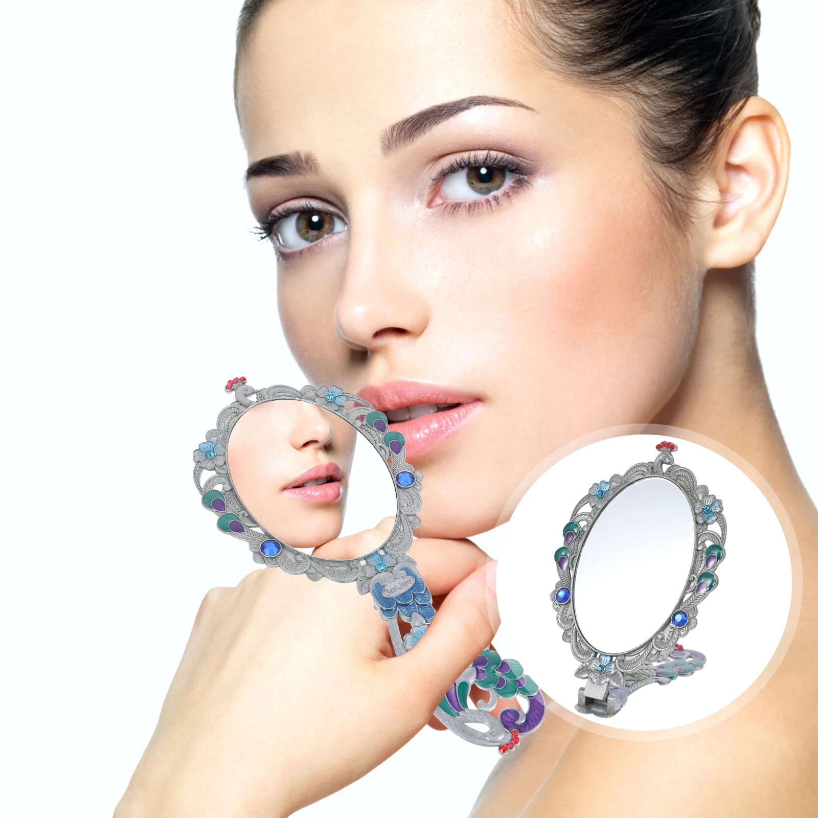 مرآة بيضاوية عتيقة قابلة للطي، مرآة يد للمكياج ذات رؤية واضحة، تصميم مدمج محمول للسفر والمكتب والاستخدام الخارجي #4