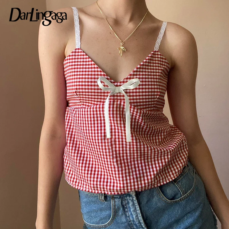 Darlingaga Y2K Strap Backless Red Plaid Camis Tops Lace Tie-Up Sweet Korean Style Summer Cropped Top for Women Cute Holidays New