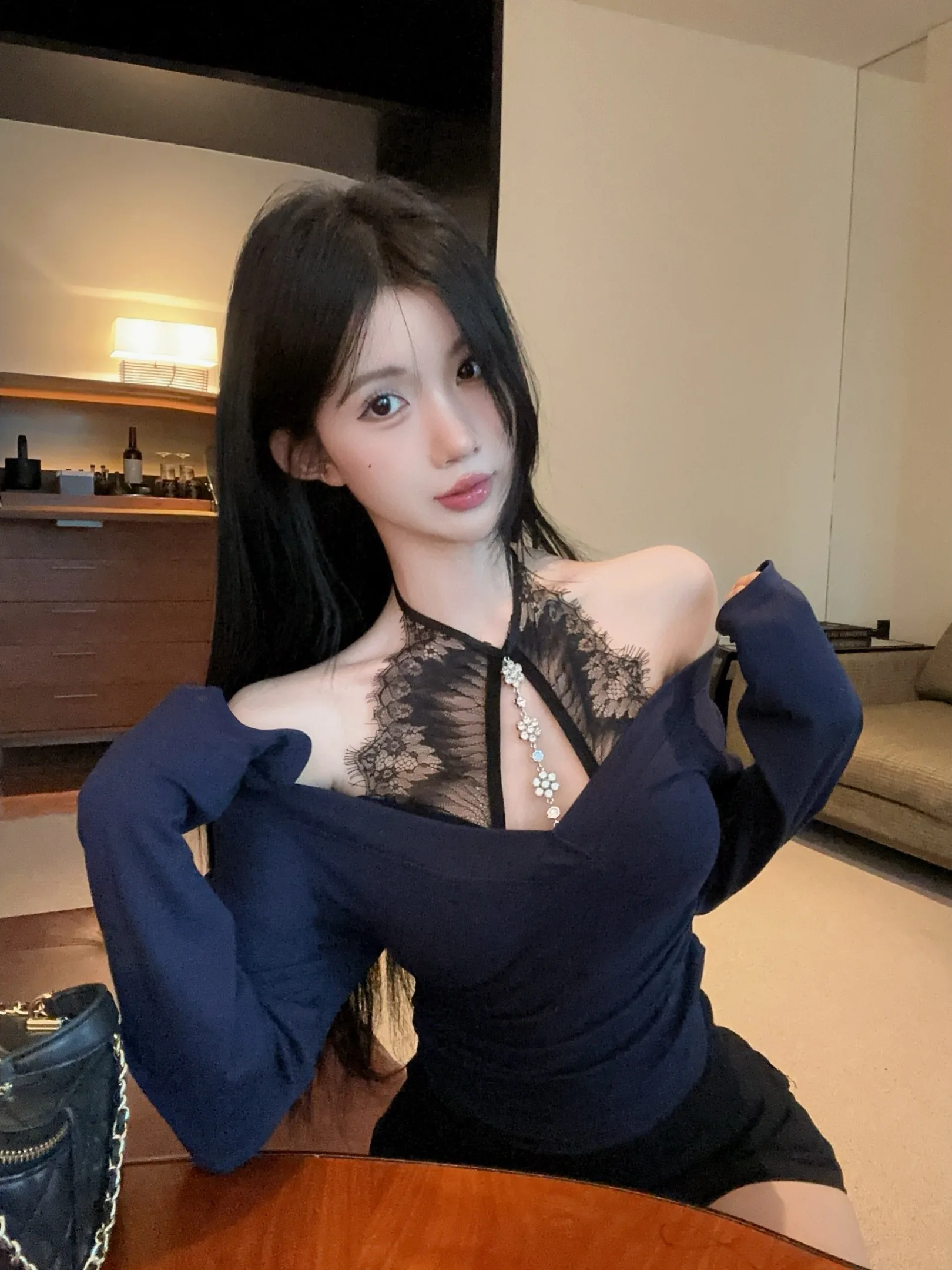 Ele Heavy Rhinestone Lace Ne Hanging V-Ne Long Sve T-shirt Falso in due pezzi Pure Desire Sle Cotone Lino Primavera Su...