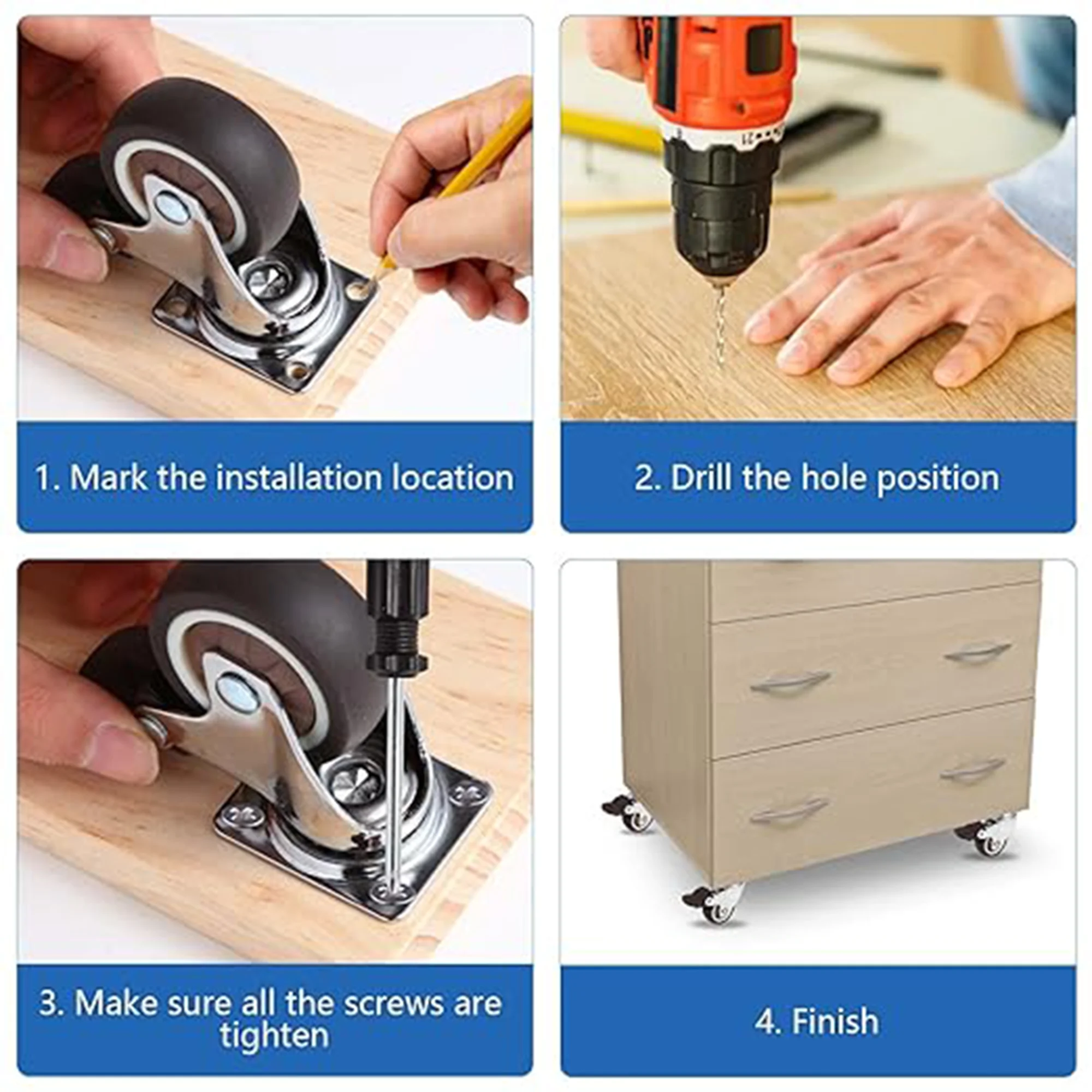 4 Pcs 1/1.25/1.5/2 Inch Furniture Castor Wheels TPR Rubber Flat Bottom Caster Wheels for Furniture Table Cabinets Workbench