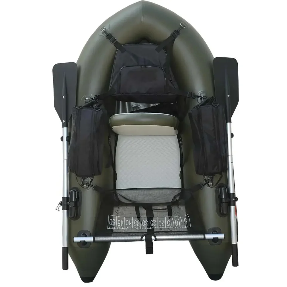 Army Green Belly Boat With Inflatable Seat, 2 Rod Holders, And Storage Pockets For Carp Fishing
