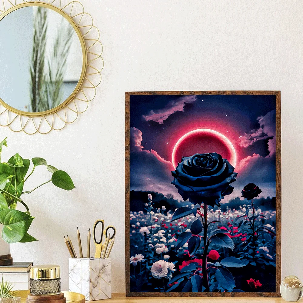 จิ๊กซอว์ 1000 ชิ้น - ท้องฟ้ายามค่ำคืนกุหลาบดำและพระจันทร์สีเลือด, ของเล่นจิ๊กซอว์กระดาษขนาดใหญ่สำหรับผู้ใหญ่, เกมเสริมสร้างความสัมพันธ์ในครอบครัว, เกมฝึกสมอง