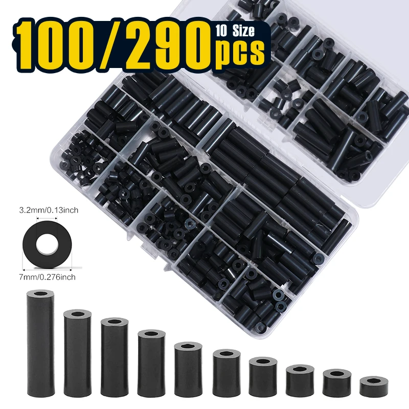 100/290 Pcs, Black ABS Round Washers ID 3.2mm,OD 7mm, 3mm-25mm Length, Assortment Kit, Non-Threaded, Suitable for M3 Screws
