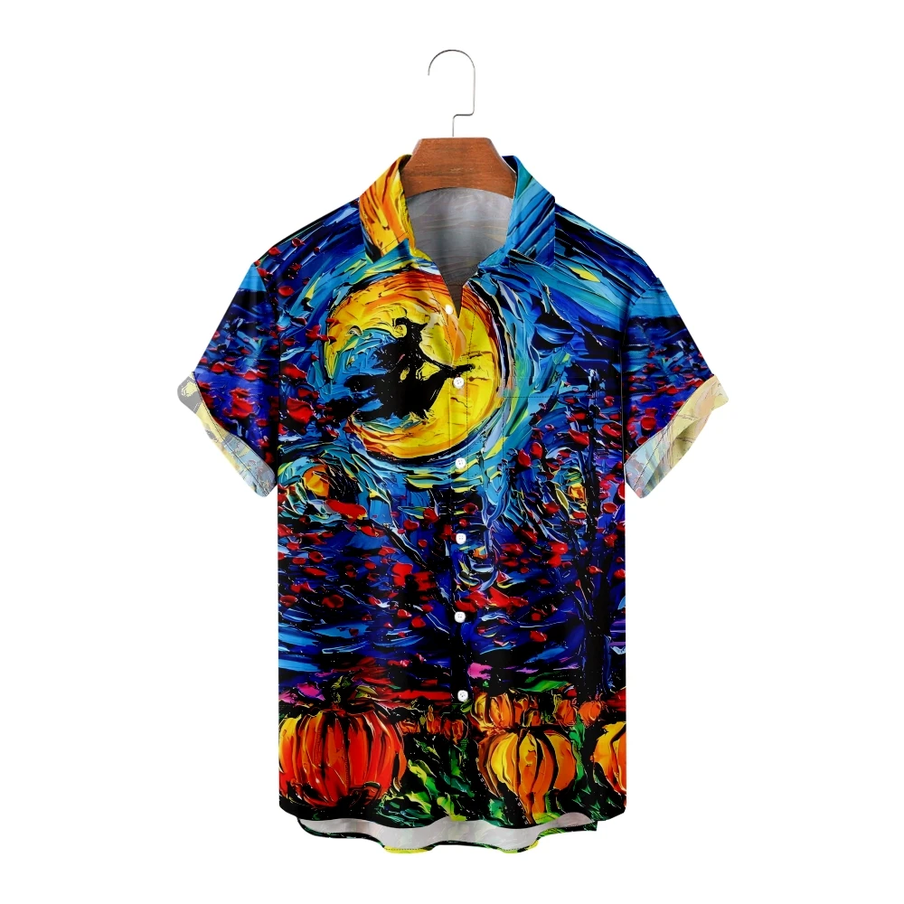 

Men's Casual Shirts Vacation Witch Oil painting Casual Short Sleeve Shirts Cool Summer Tops Vintage Breathable Plus Size