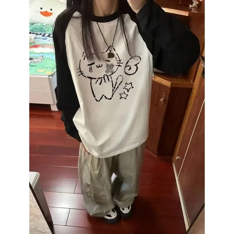 

Japanese Kawaii Cartoon Cat Printed T-shirt Subculture Black Patchwork Tshirts Retro Harajuku Loose Tees Women's All Match Tops