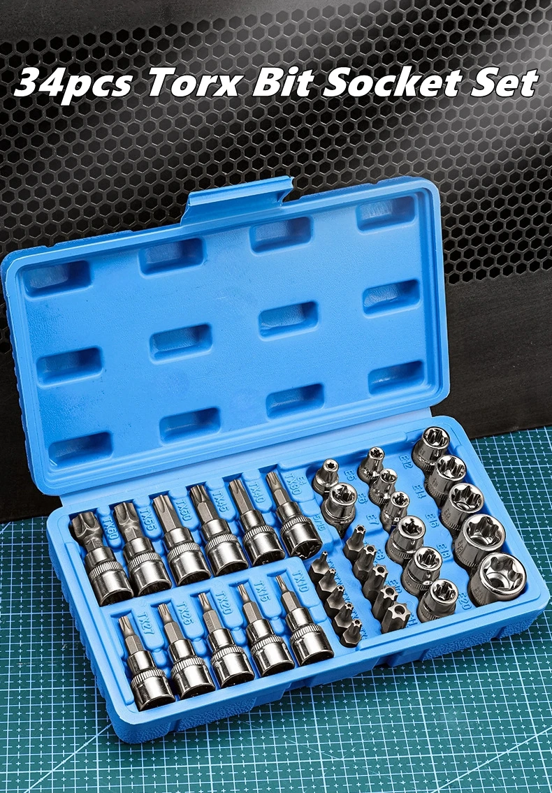 

34pcs Torx Bit Socket and E-Torx Star Socket Set 1/4" 3/8" 1/2" Drive Male Female E-torx Security Bits Handheld Tool