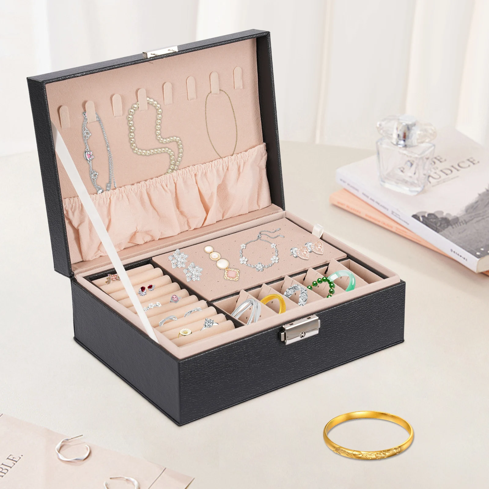 2-lagige abschließbare Schmuckaufbewahrungsbox mit herausnehmbaren Trennwänden, Schreibtisch-Organizer für Ringe, Ohrringe, Armbänder, Halsketten, Broschen, für den täglichen Schmuckaufbewahrungszweck auf dem Schminktisch zu Hause. – Detail 10