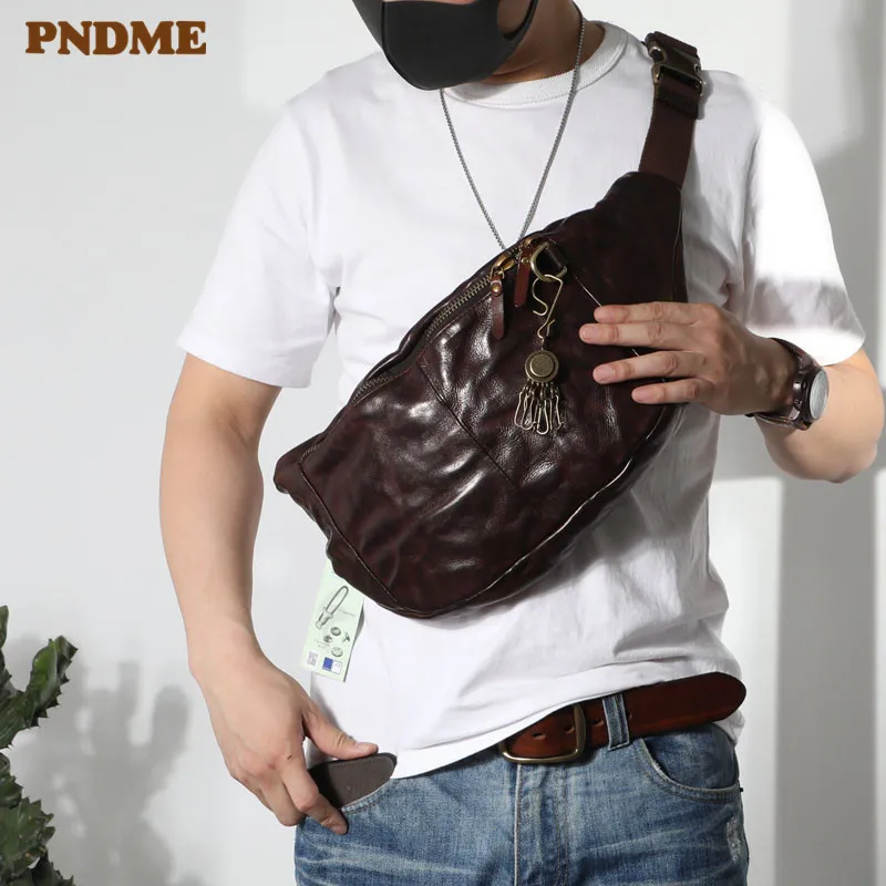 Fashion vintage high quality natural genuine leather men's chest bag casual teens large soft cowhide waist packs messenger bags