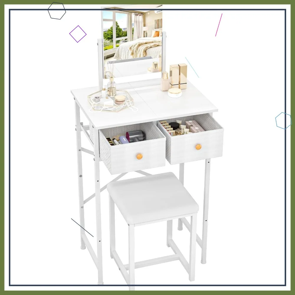 

Compact Vanity Desk Set with Mirror & Chair, Fabric Storage Drawer for Kids and Girls, White Dressing Table for Bedroom