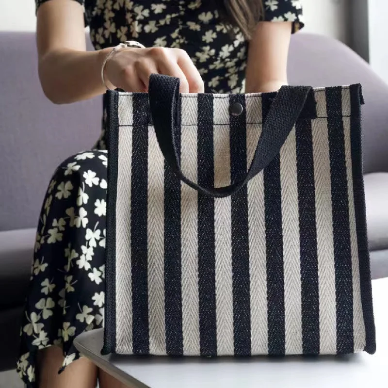 Reusable Canvas Tote for Women, Casual Beach Handbags, Shoulder Bags, Stripe Design, Travel Shopper Tote, Shopping Bag,