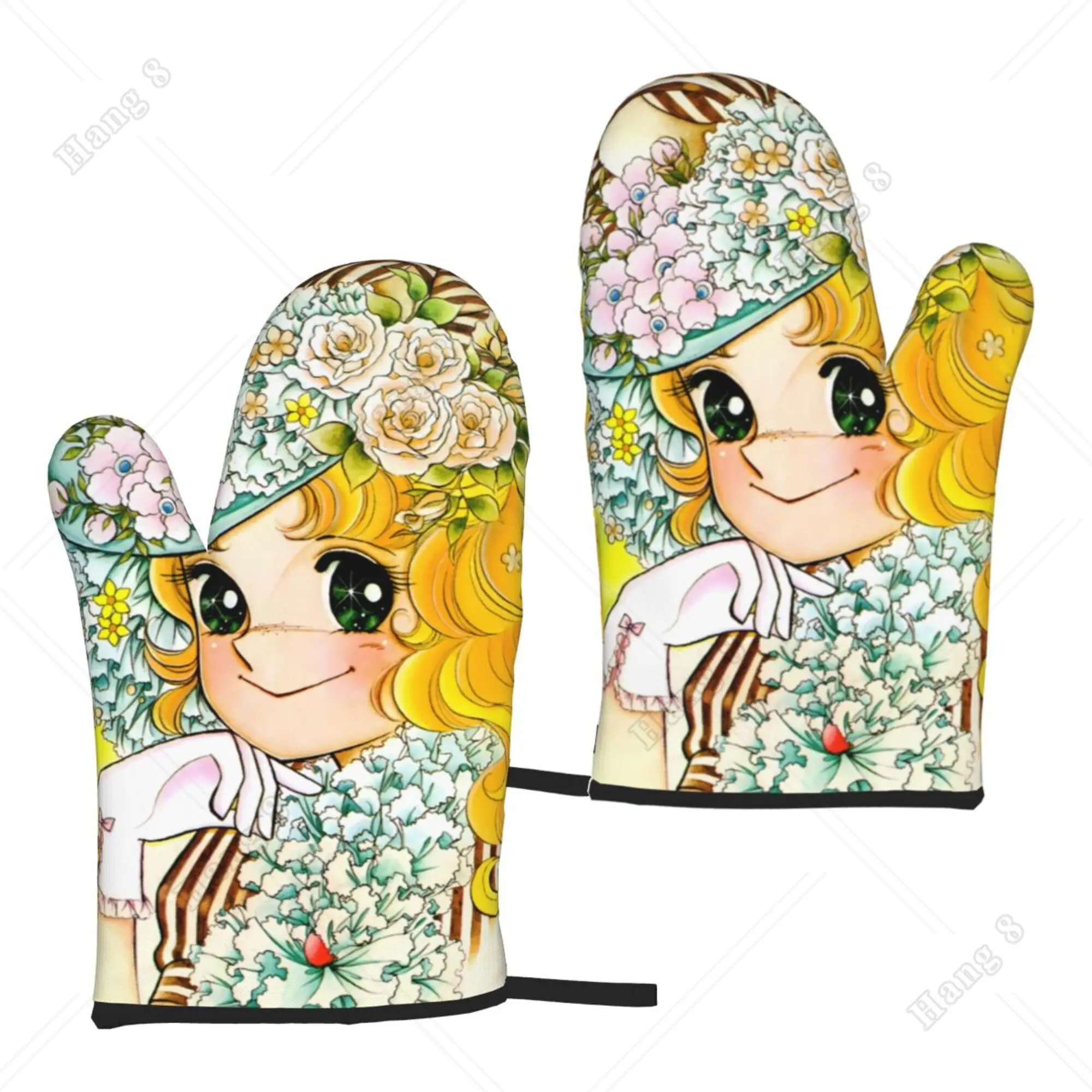 

Cartoon Cute Girl Flowers Oven Mitts Kitchen Gloves Set of 2 for Women Waterproof Hanging Rope Heat Resistant Cooking Gloves