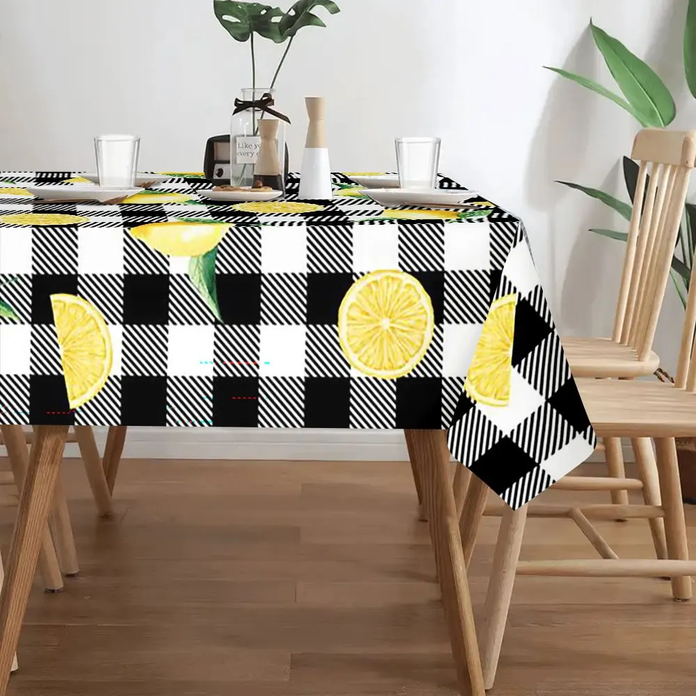 2D flat-printing lemon pattern polyester tablecloth - fashionable black and white check pattern with bright yellow lemons.xzj