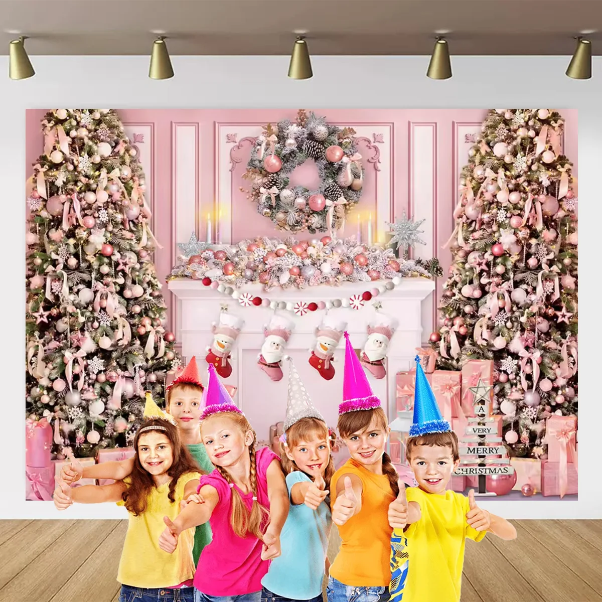 Pink Christmas theme background fireplace gift Christmas tree children family gathering portrait photography background Studio