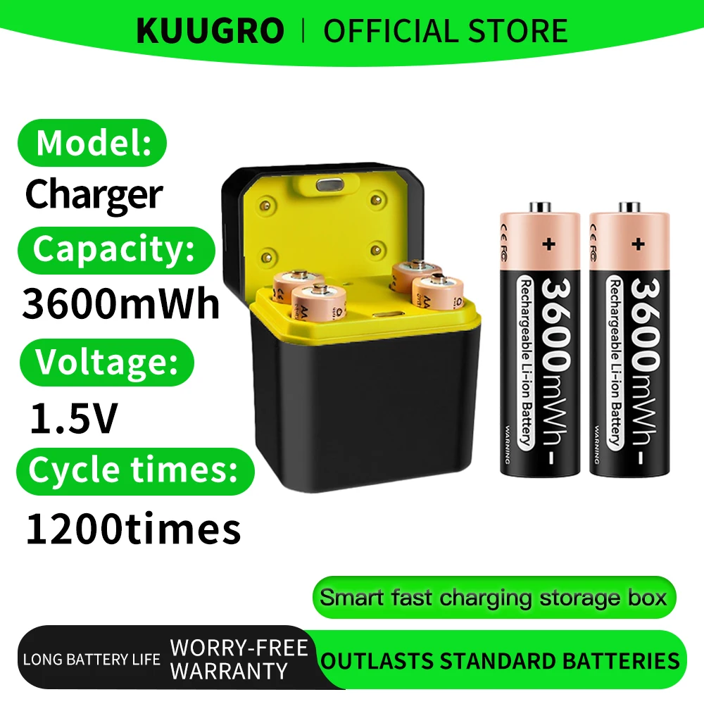 

Kuugro 1.5V 3600mWh AA Rechargeable Battery with 4 Slot Battery Charger for Toy Game Console Mouse Remote Doorbell