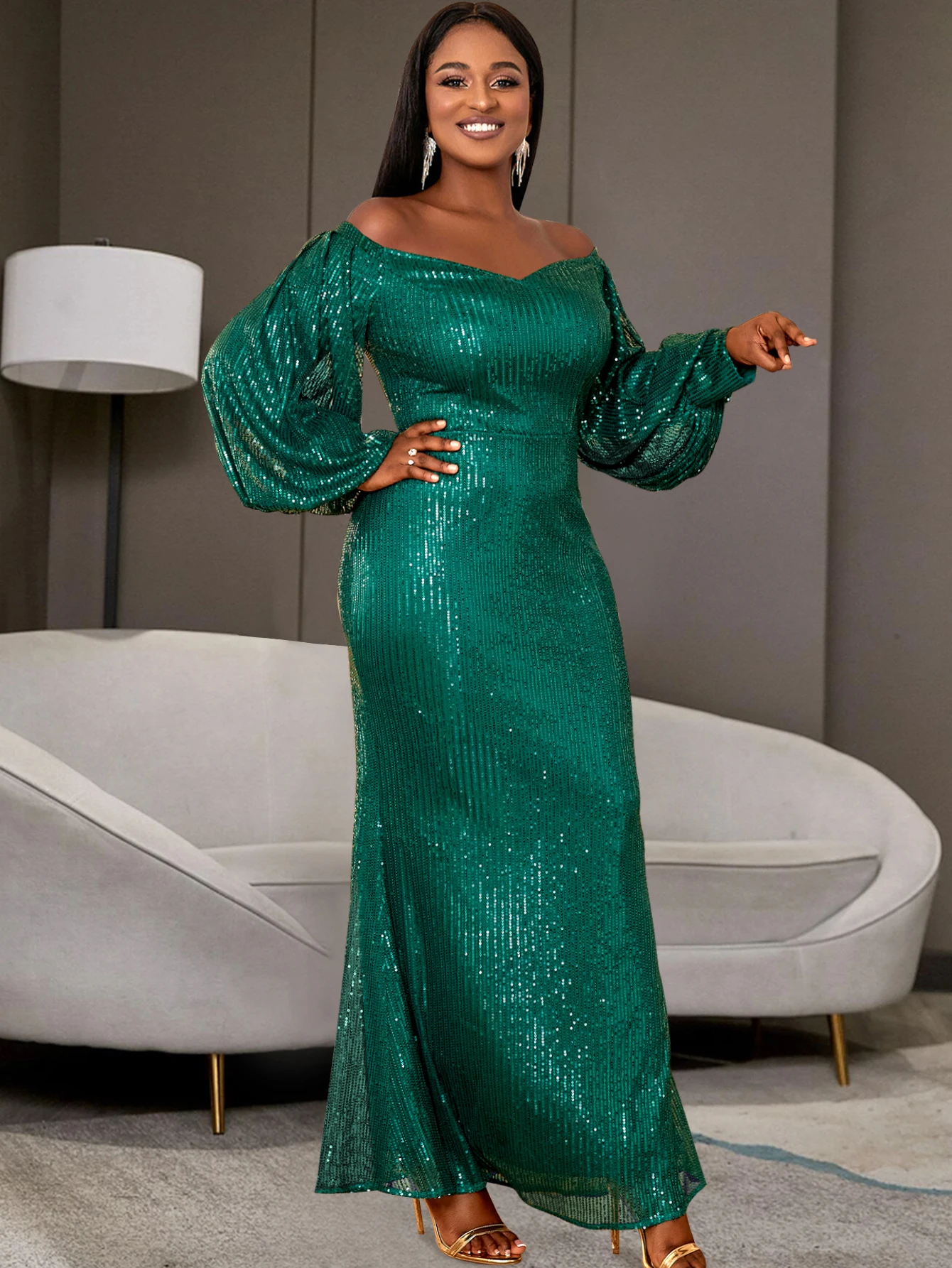 

Green Sequins Dresses Luxury Long Lantern Sleeve Empire Bodycon Evening Cocktail Party Event Gowns Outfits for Women Christmas