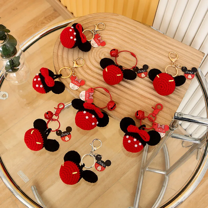 

Disney Mickey Mouse Minnie Head Woolen Yarn Weaving Handmade Keychains Cute Children Backpack Pendant Girl Bag Zipper Decoration