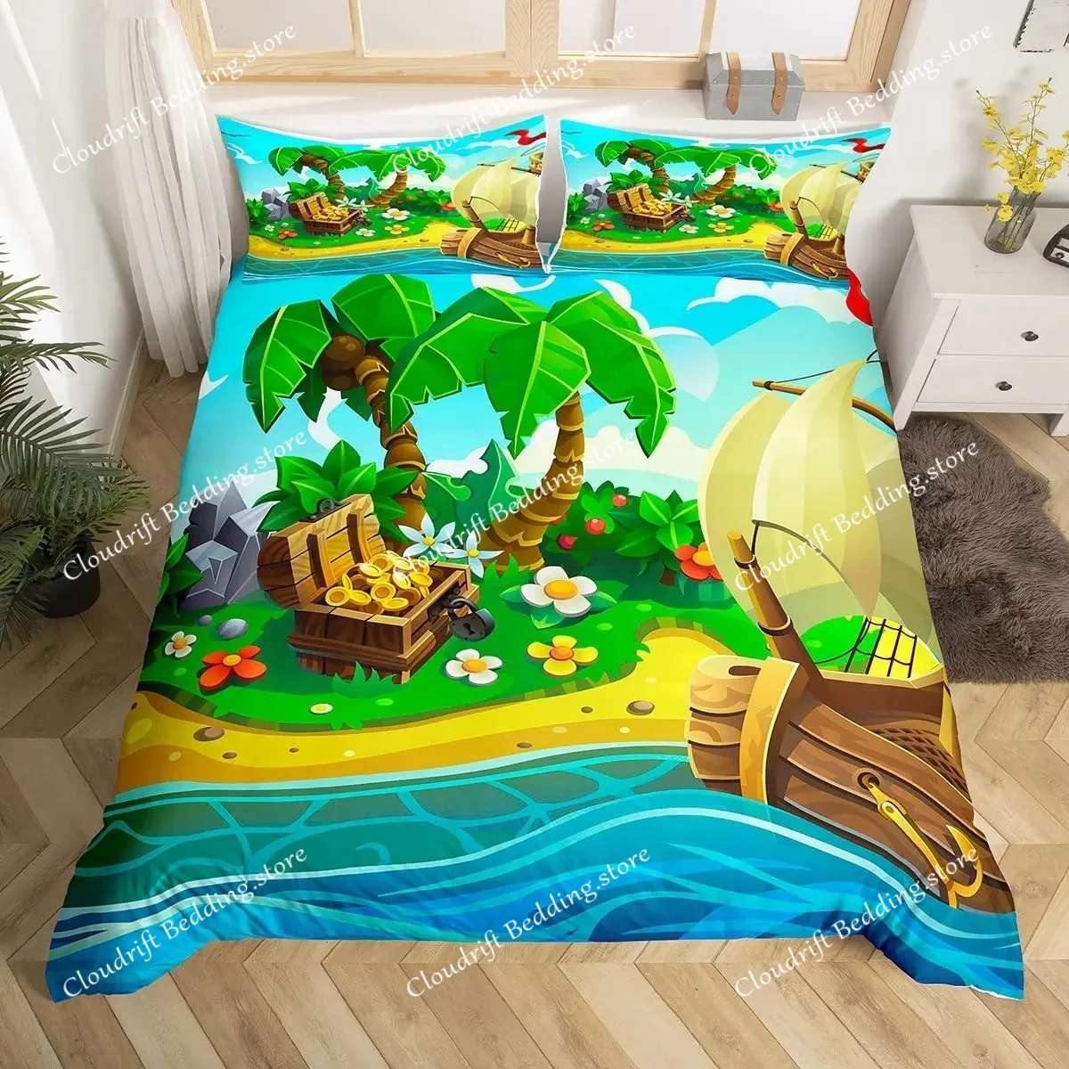 

Sailboat Duvet Cover Set Twin King Queen Size Nautical Theme Seagull Bedding Set Microfiber Rustic Wooden Plank Comforter Cover