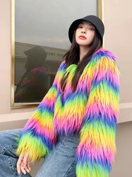 Lady Personalized Rainbow Colored Faux Fur Coat Female Fashion Jacket Streetwear Women's Winter Coats Performance Costume