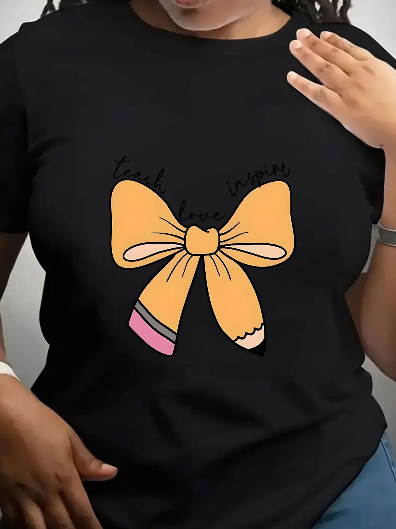 Women's Trendy Crew Neck T-Shirt Teach Love Inspire Pencil Bow Design Suitable for Casual Sportswear