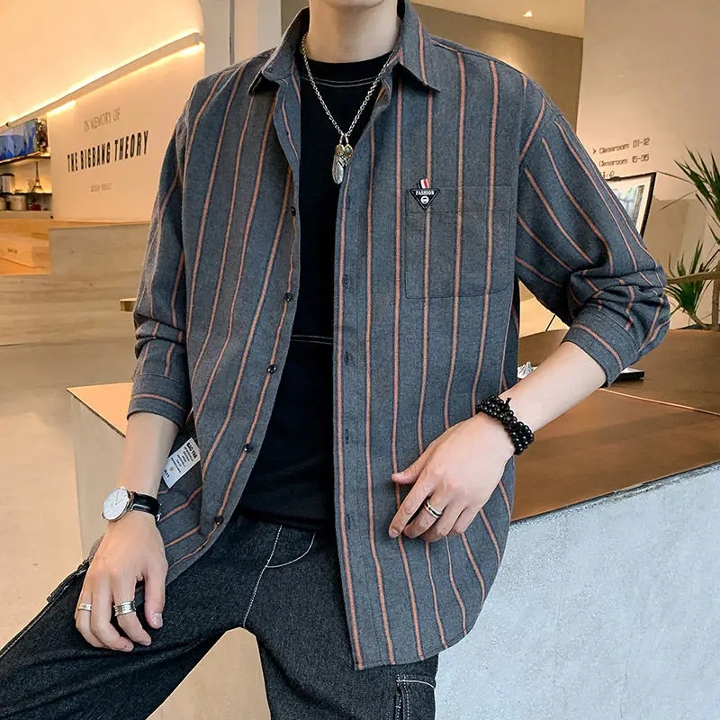 Fashion Printed Lapel Pockets Striped Shirt Men's Clothing 2022 Autumn New Oversized Loose Casual Tops All-match Korean ShirtS