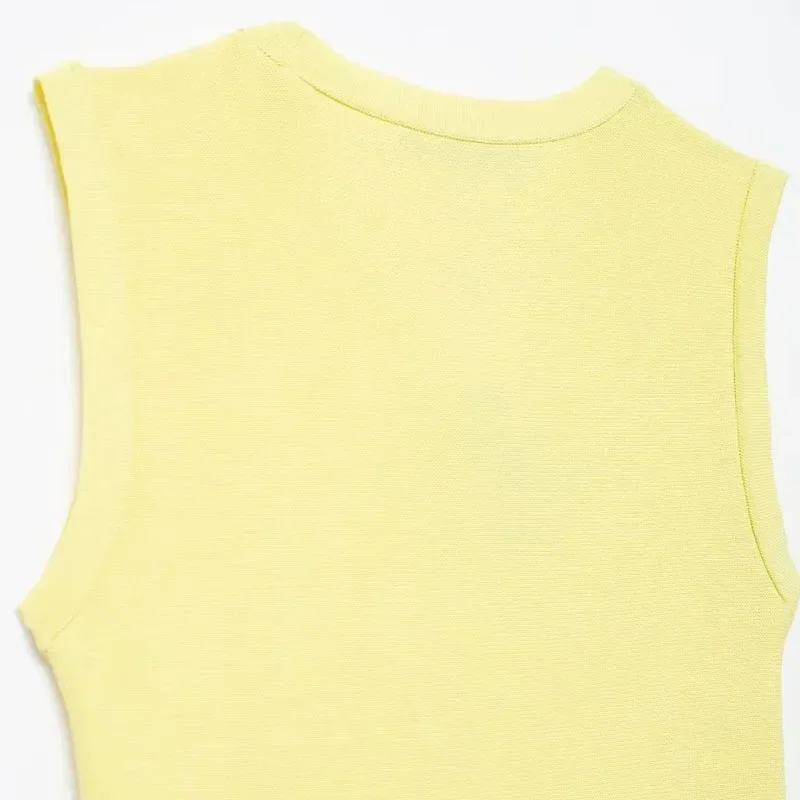 TRAF-vestidos curtos sem mangas de malha para mulheres, mini vestido plissado amarelo, gola redonda, tanque elegante, verão