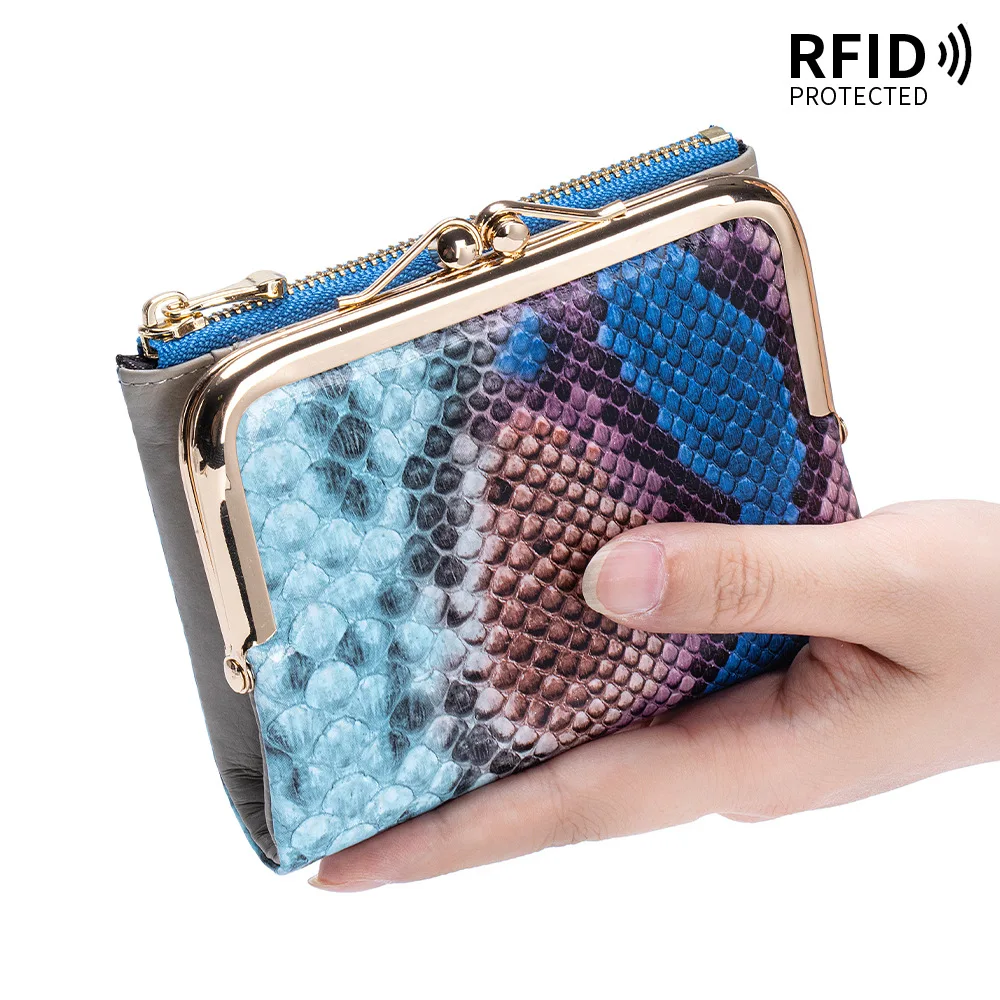 

Минималистичные кожаные RFID-кошельки - Кошелек-бифолд с застежкой Kiss-Lock, отделениями для карт и карманом на молнии, портативный маленький кошелек для повседневного использования